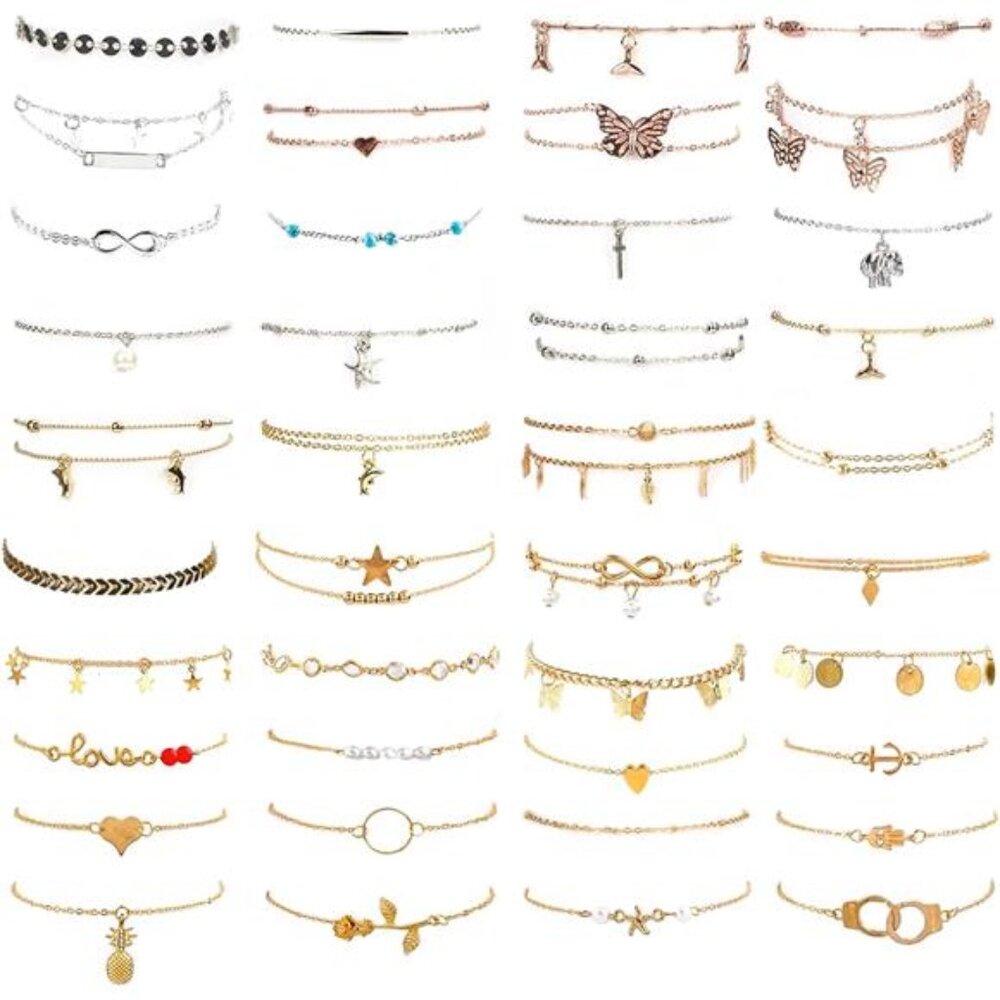 30/40PCS Ankle Bracelets for Women Set, Gold Silver Rose Gold Three Style